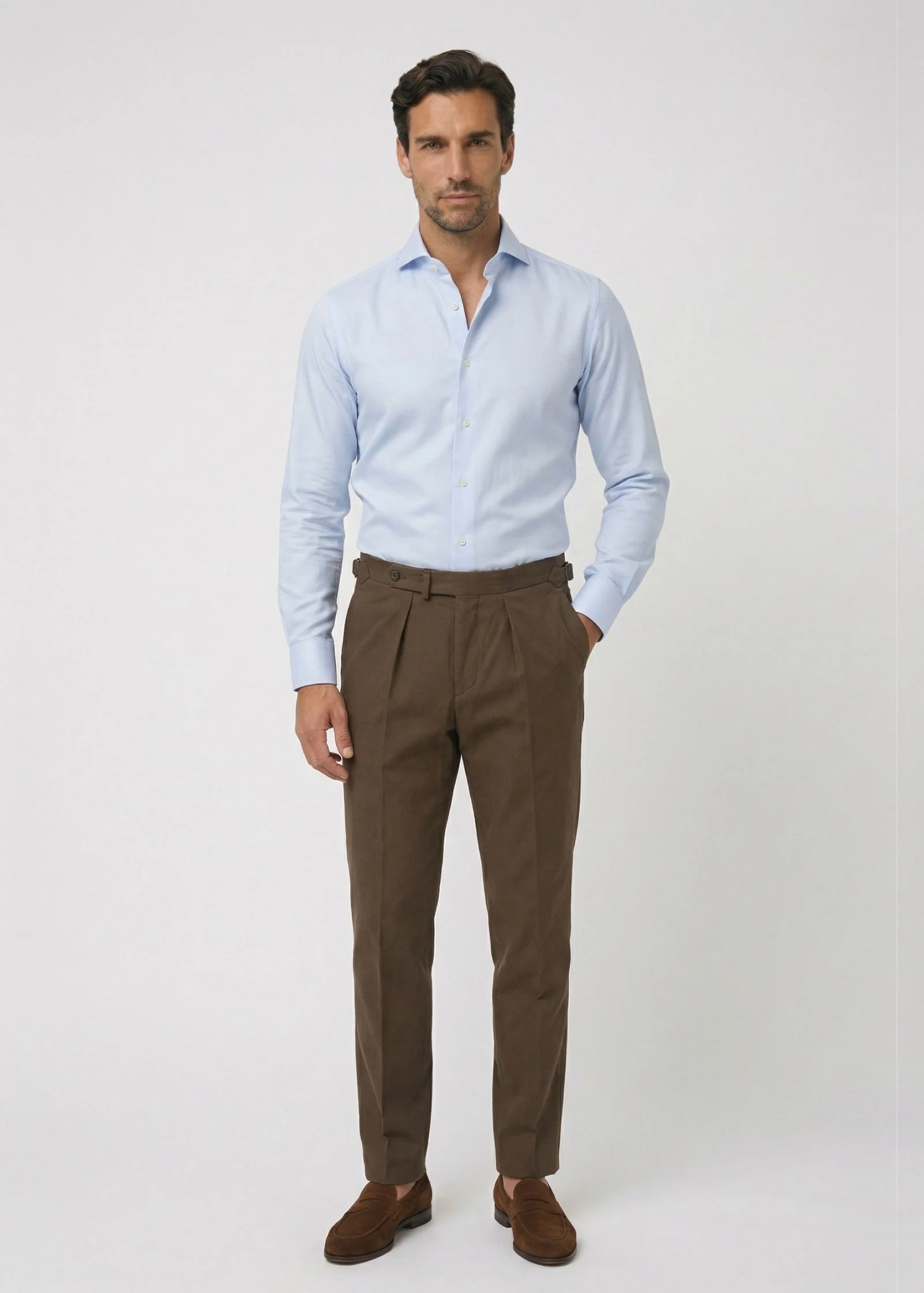 Brushed Cotton Twill Trousers, Brown - Image 3