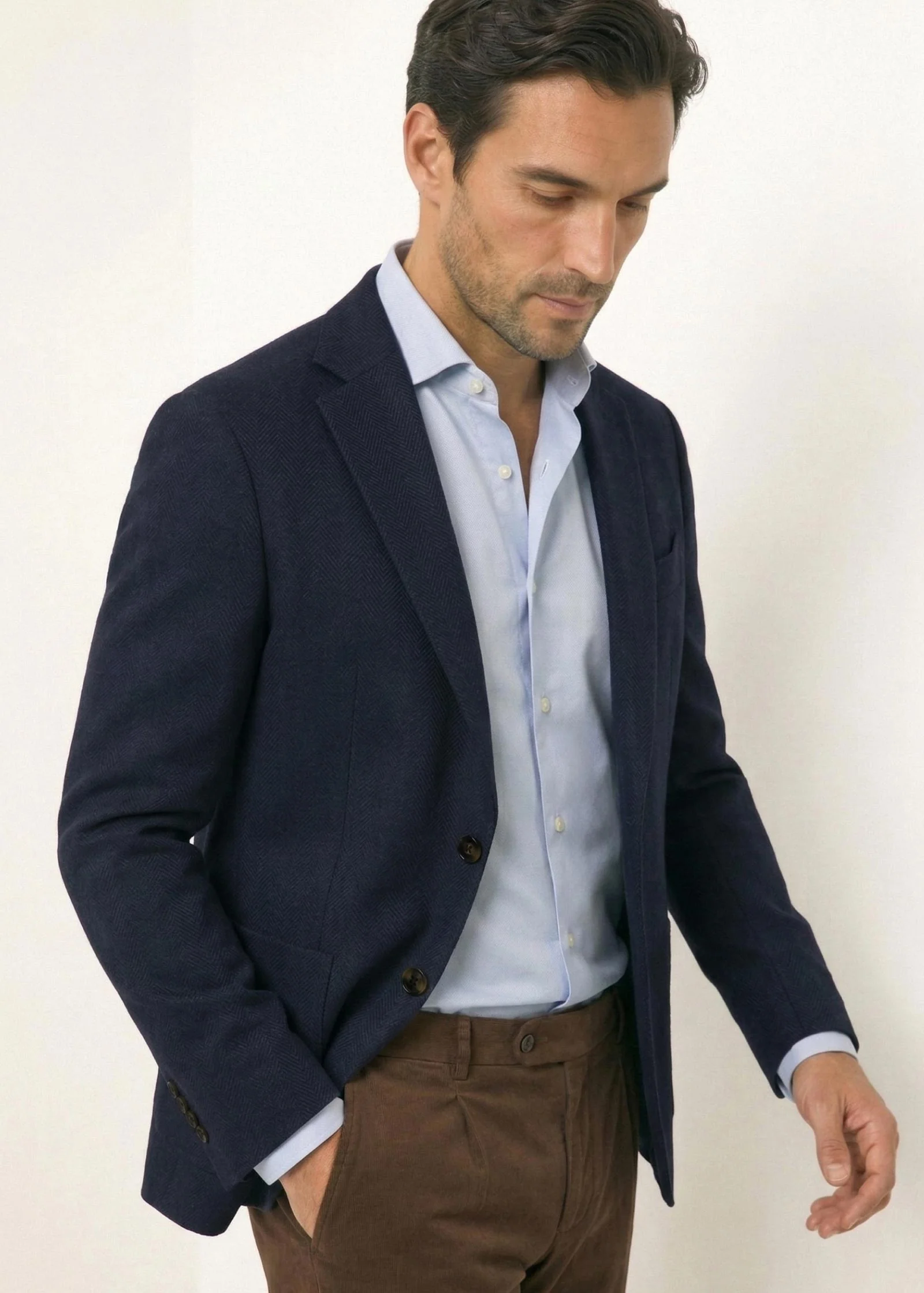 Herringbone Flex Wool Blazer, Unstructured, Dark Navy - Image 3