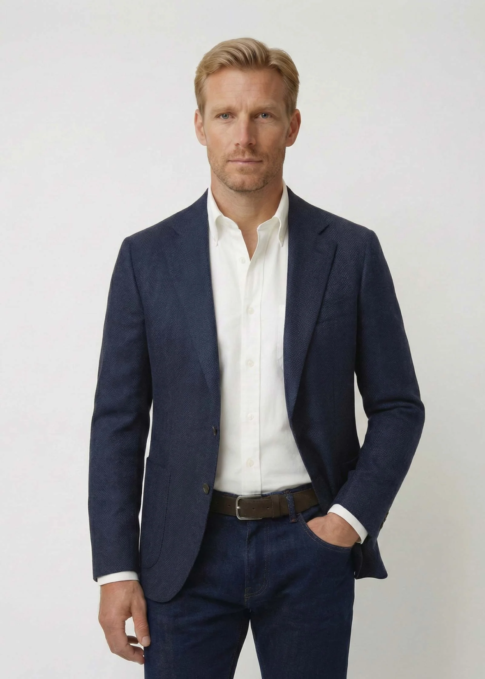 Herringbone Flex Wool Blazer, Unstructured, Dark Navy - Image 4
