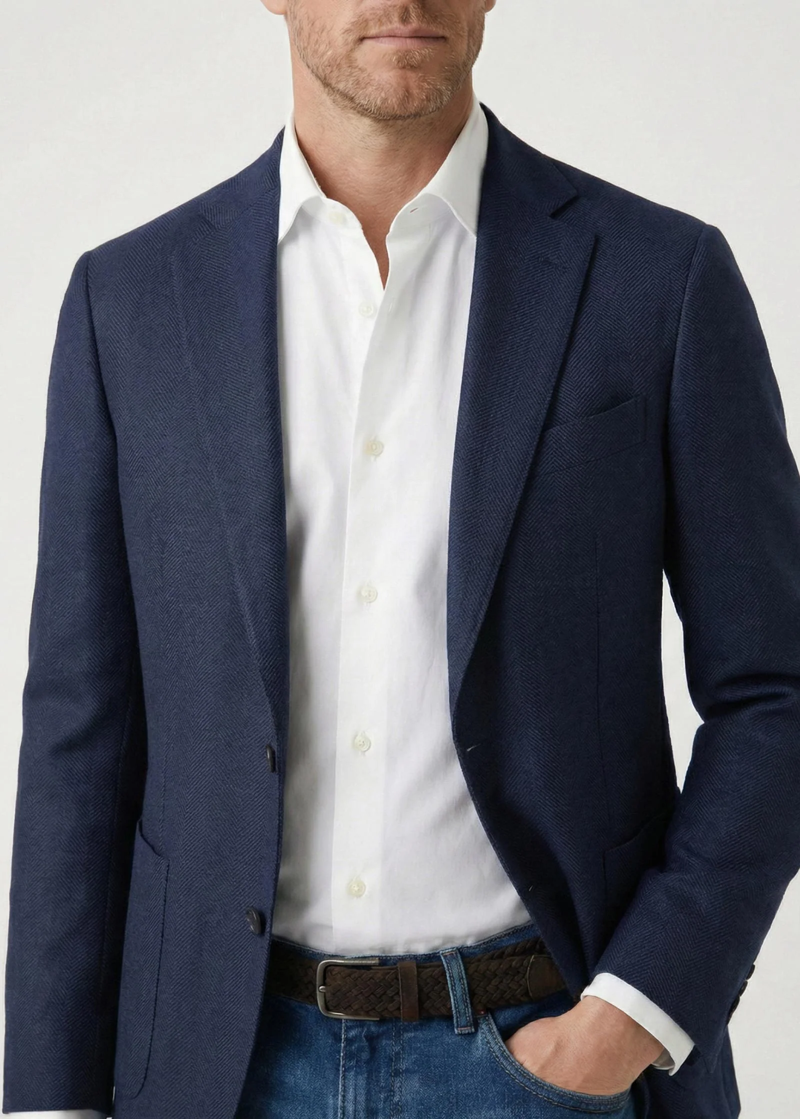 Herringbone Flex Wool Blazer, Unstructured, Dark Navy - Image 5