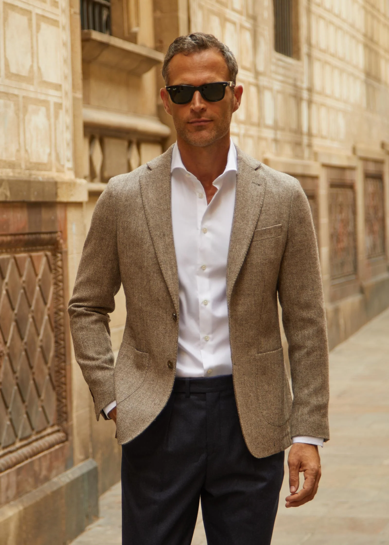 Herringbone Tweed Blazer, Unstructured, Light Brown - Image 3