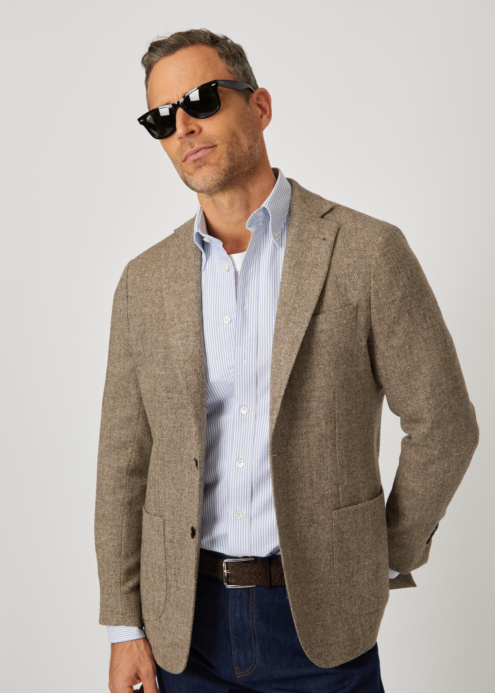 Herringbone Tweed Blazer, Unstructured, Light Brown - Image 4