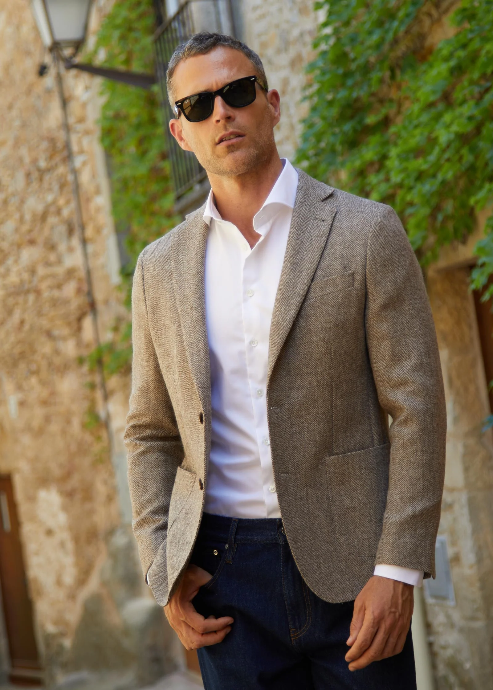 Herringbone Tweed Blazer, Unstructured, Light Brown - Image 9