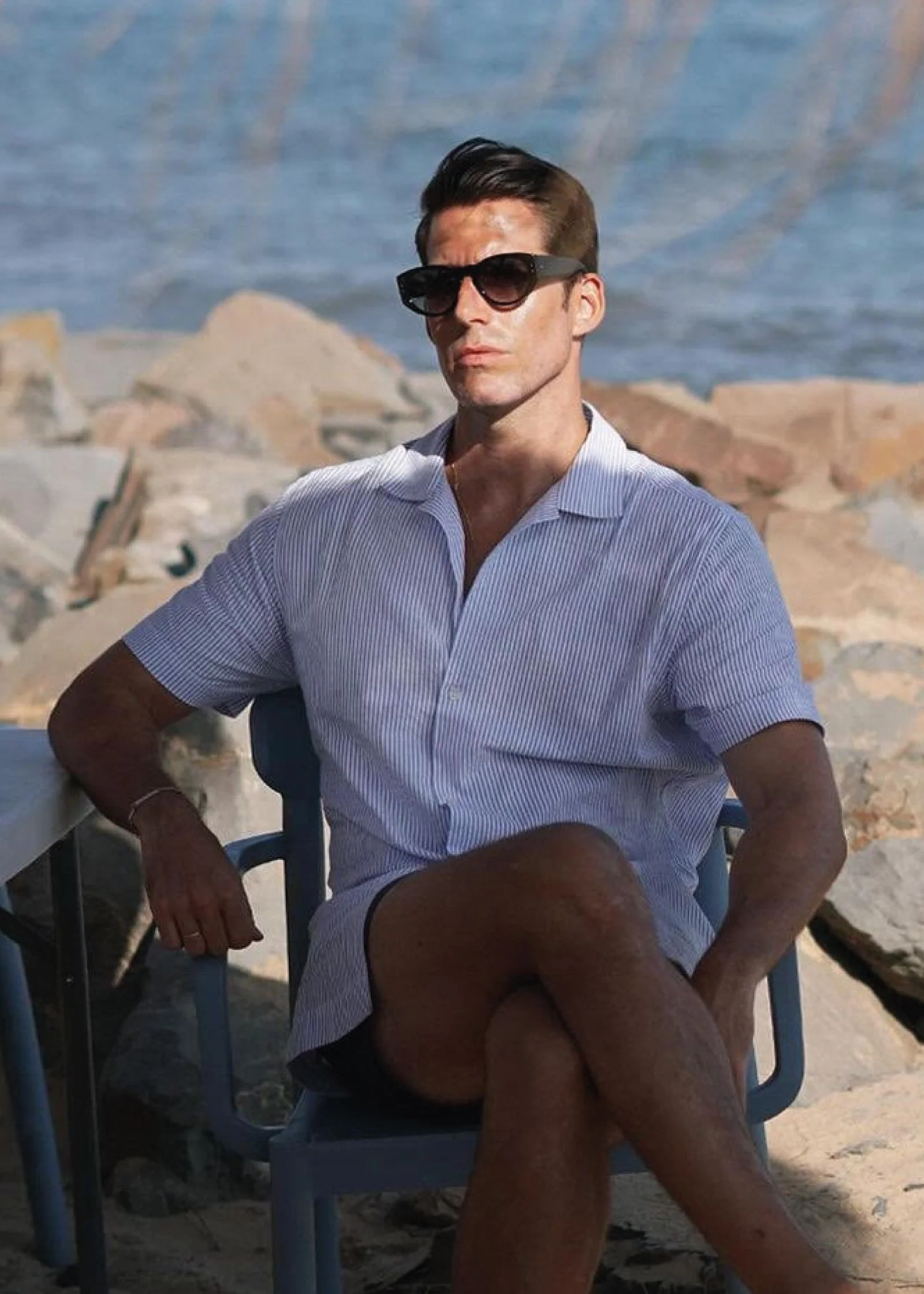 Seersucker Camp Collar Shirt, Brilliant Blue / White - Image 8