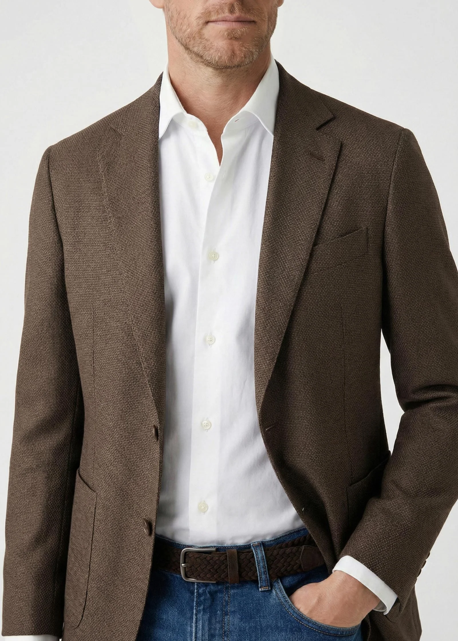 Soft Hopsack Blazer, Unstructured, Mid Brown - Image 4
